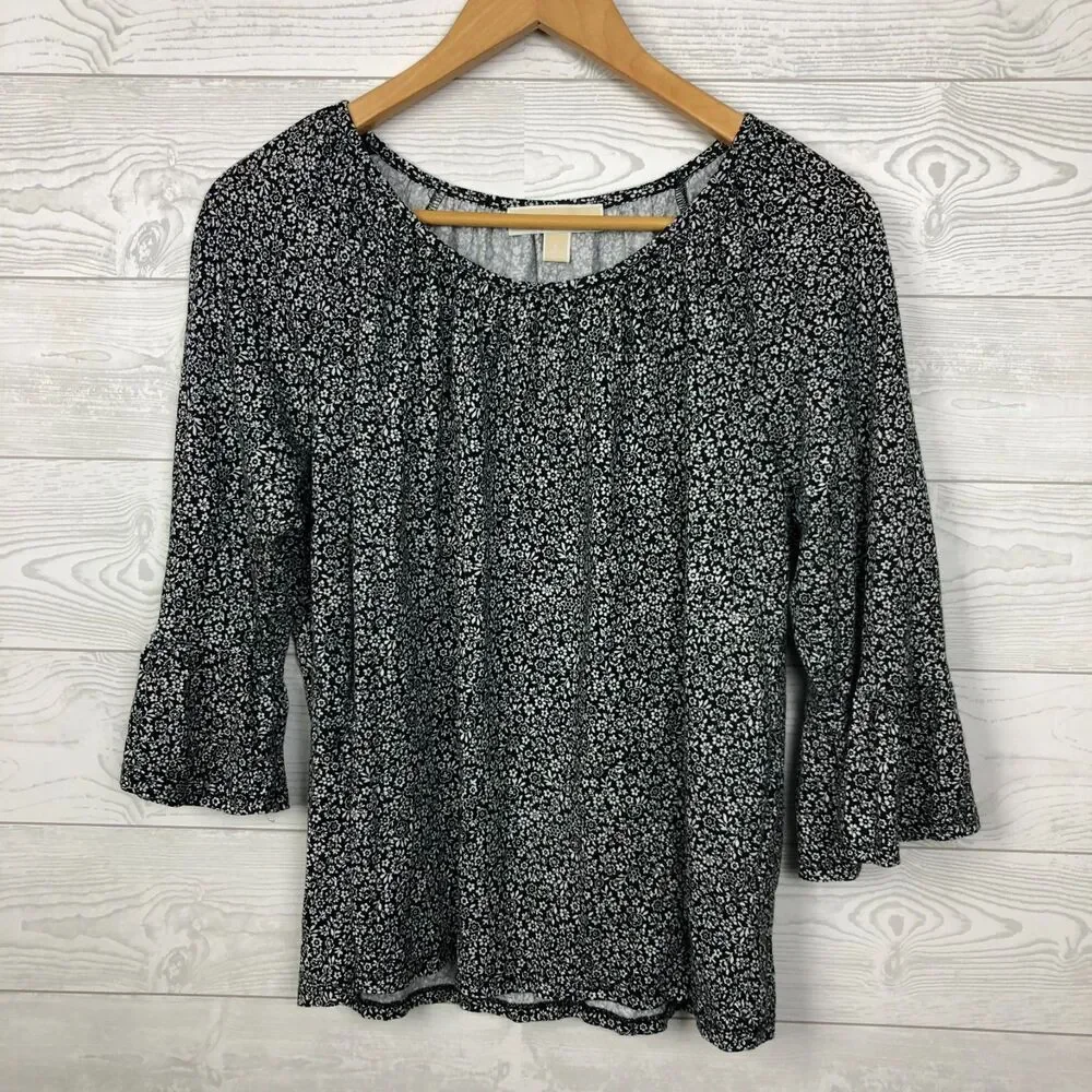 MICHAEL Michael Kors Women's Large Floral Print Scoop Neck Top Bell Sleeve Shirt